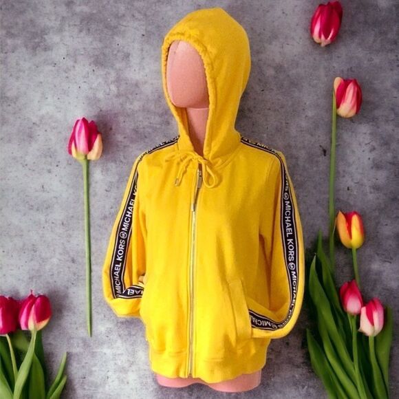 MICHAEL KORS WOMENS SWEATSHIRT HOODIE MEDIUM SIGNATURE LOGO SLEEVES GOLDENYELLOW - Picture 4 of 11